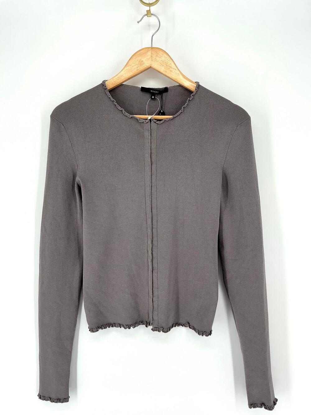 Gucci 94% Silk Cardigan M Gray Hook Eye Ruffle Trim Made Italy Y2K Designer